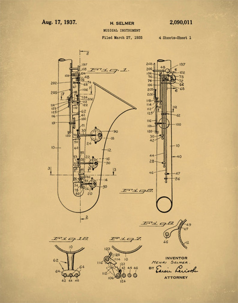 Patent Print Saxophone Poster Saxophone Patent Saxophone Etsy