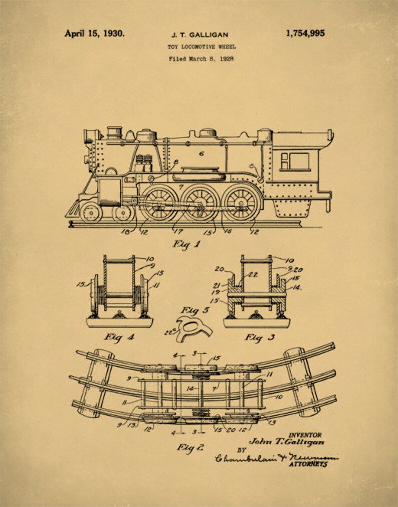 Gift Idea Toy Locomotive Art Print Poster Play Train P189 Home Decor Retro 1930 Toy Locomotive Vintage Patent Illustration Wall Art