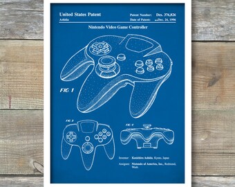 Patent Prints, Patent Poster, Nintendo 64 Video Game Controller Patent, Nintendo Controller Art, Nintendo Poster, Video Game Art, P220