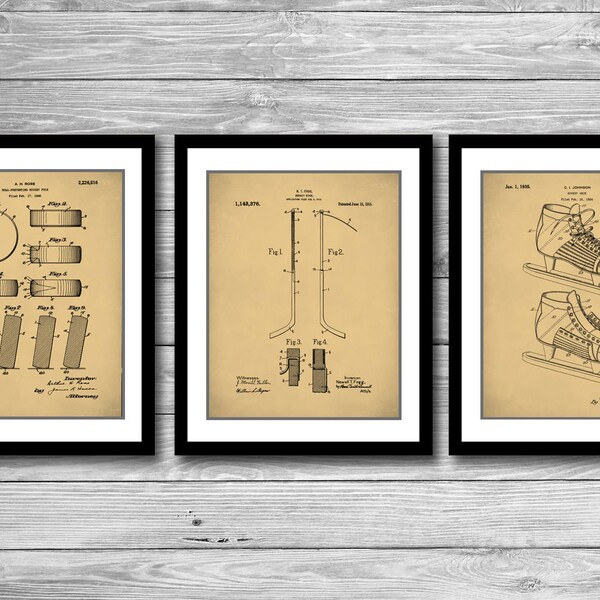 Ice Hockey Equipment Patent Poster Group of 3, Hockey Stick, Ice Skate, Hockey Puck, Hockey Decor, Hockey Wall Art, P528