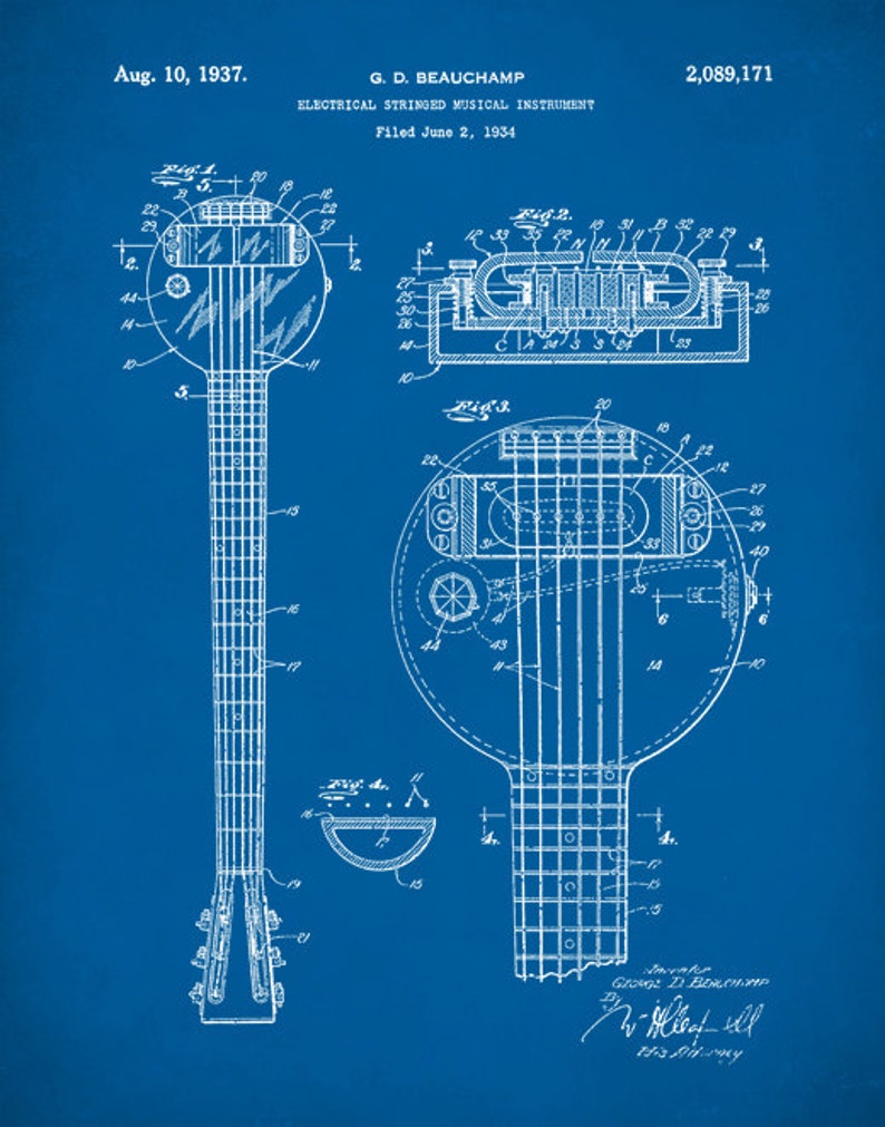 Frying Pan Electric Guitar Patent Print George Beauchamp | Etsy