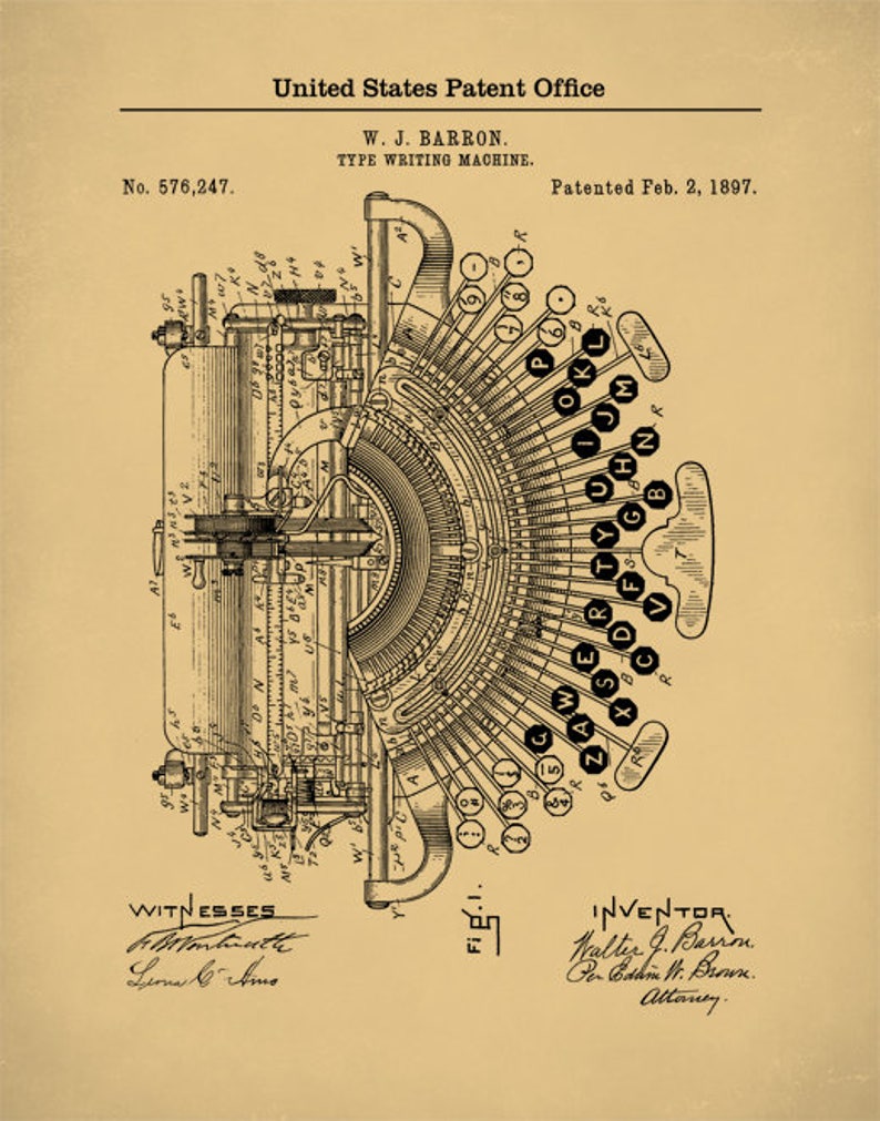 Patent Print 1897 Typewriter Type Writer Typewriter Print Etsy