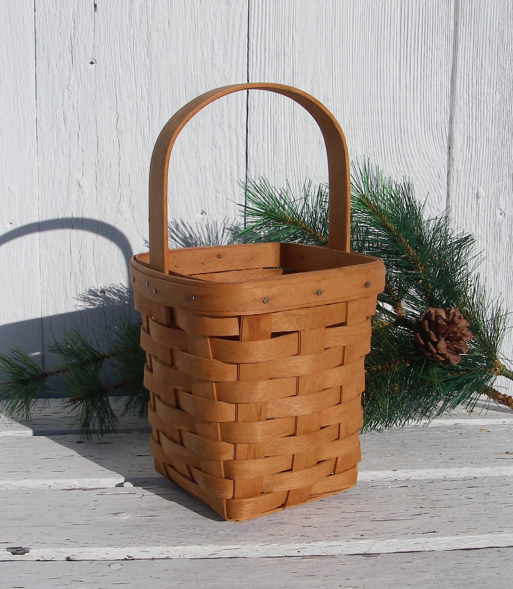 Vintage Longeberger Small Wooden Basket With Handle Easter Basket Made in The USA Red Trim Basket