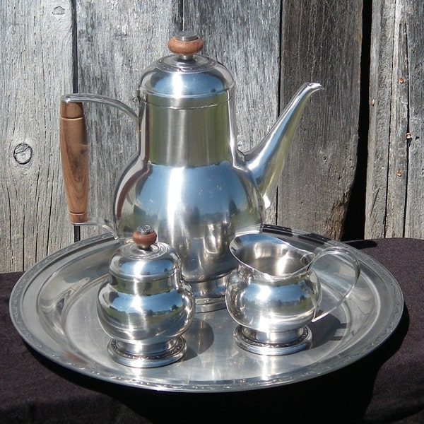 Café Vintage / juego de té de mediados del siglo Era Mod Eames, Oneida 18/8 acero inoxidable y madera 5 piezas café que sirve de sistema de