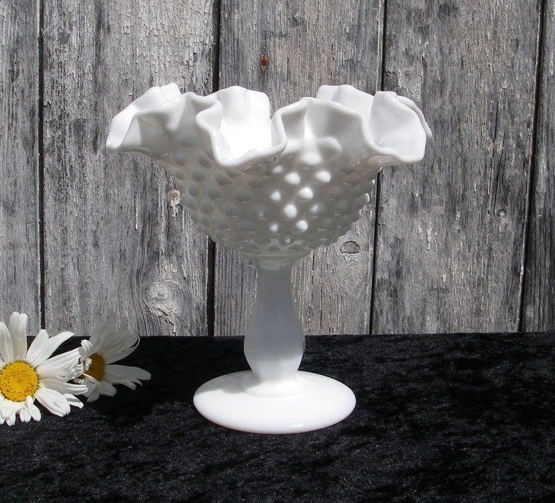 Hobnail Milk Glass Compote Vintage Ruffled Edge Pedestal Dish Etsy