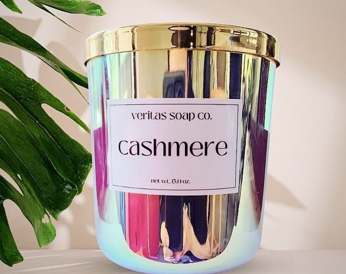 CASHMERE Shimmering/Crackling Natural Coconut + Soy Wax Candle | Vanilla Blend | Unisex Candle | Wooden Wick | Spring | Gold | Santal