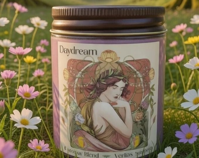 DAYDREAM - Shimmering Peony Candle: Art Nouveau Decor, Pink Lychee, Soft Floral, Wood Wick, Rose Gold Wax