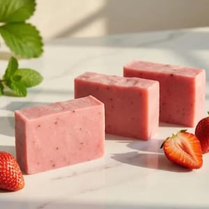 Jabón de fresa - LA BARRA DE FRESA - Manteca de karité orgánica y aceite de jojoba / Jabón hidratante natural hecho a mano / Cuidado de la piel con extracto de fruta fresca