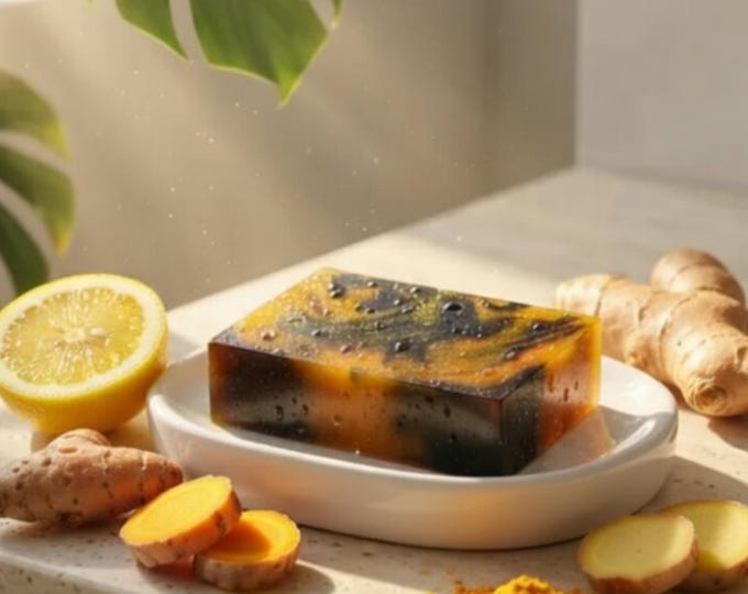 Skin Brightening Soap – The GOLDEN RADIANCE Bar – Kojic Acid + Charcoal + Turmeric Glow Soap | Niacinamide Soap | Lemons | Ginger
