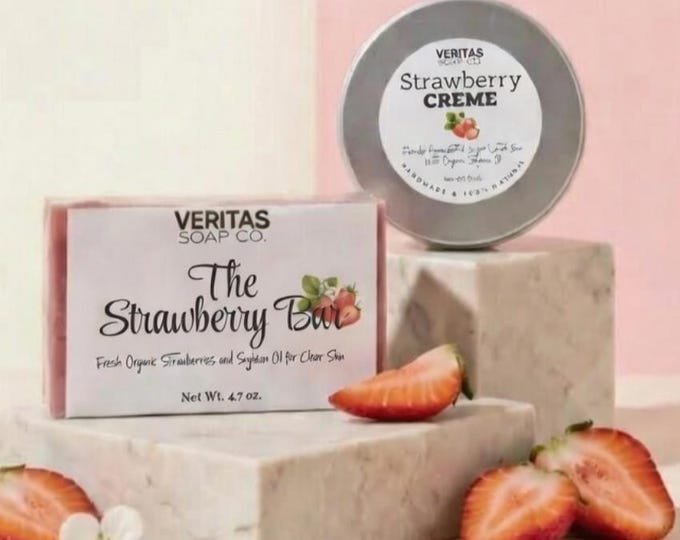 Strawberry Crème Duo | Strawberry Soap & Lotion Bar Set | Handmade Natural Spa Gift for Her | Sweet Berry Skincare