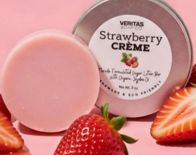STRAWBERRY CRÈME Lotion Bar- Florida-Formulated Lotion Bar – 3oz – Vegan Moisturizer with Jojoba Oil in Metal Tin, Sweet Scent, Fruity