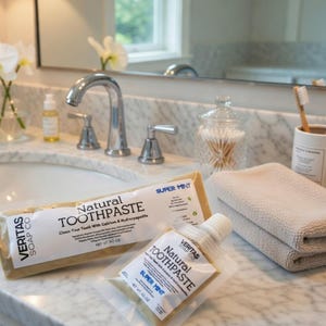 Op de afbeelding: Twee verpakkingen Veritas Soap Co. Natural Toothpaste, een grote en een kleine, met het label "Super Mint". De tandpasta is verpakt in een beige zakje. De kleine verpakking is 28g. De grotere verpakking is 142g. De producten staan op een marmeren aanrecht.