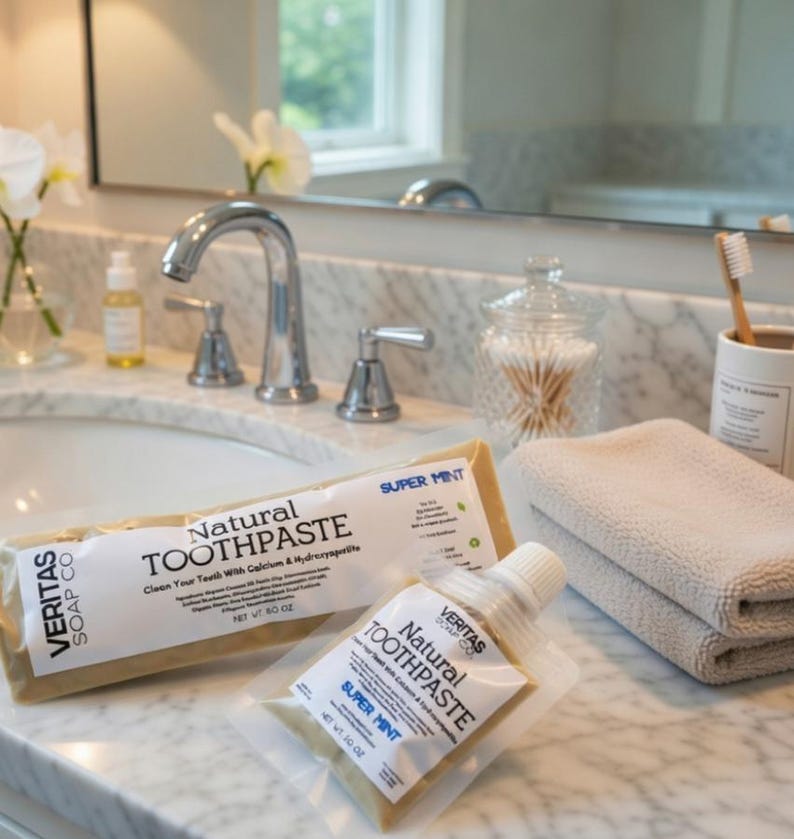 Op de afbeelding: Twee verpakkingen Veritas Soap Co. Natural Toothpaste, een grote en een kleine, met het label "Super Mint". De tandpasta is verpakt in een beige zakje. De kleine verpakking is 28g. De grotere verpakking is 142g. De producten staan op een marmeren aanrecht.