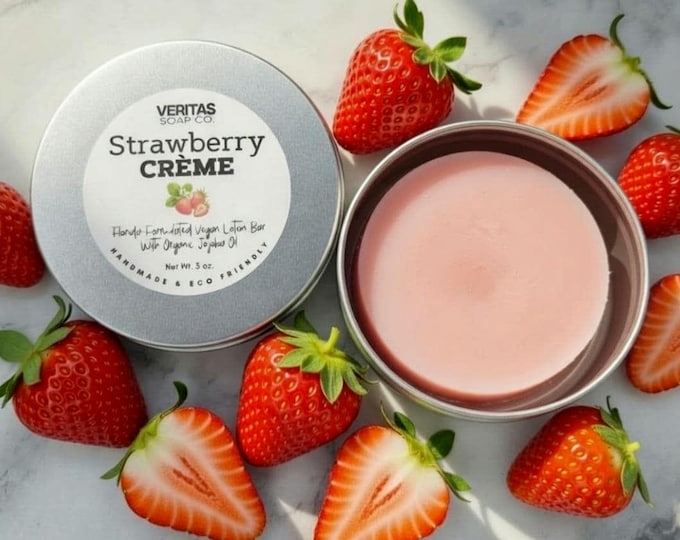STRAWBERRY CRÈME Lotion Bar- Florida-Formulated Lotion Bar – 3oz – Vegan Moisturizer with Jojoba Oil in Metal Tin, Sweet Scent, Fruity