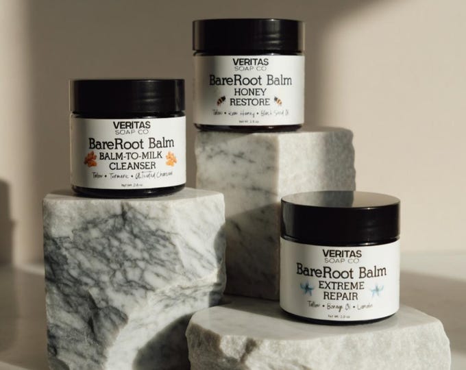 BareRoot Balm SKINCARE SET | Tallow Skincare | Soft Skin Trio | Extreme Repair, Honey Restore & Balm-to-Milk Cleanser | Natural Skincare Set
