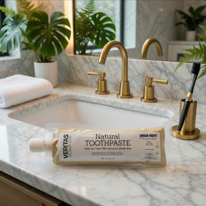 May include: A tube of "Natural Toothpaste" by Veritas Soap Co. rests on a marble countertop in a bathroom setting. The toothpaste tube is beige with black text. A black toothbrush sits in a gold holder. The bathroom has gold fixtures and a white sink.