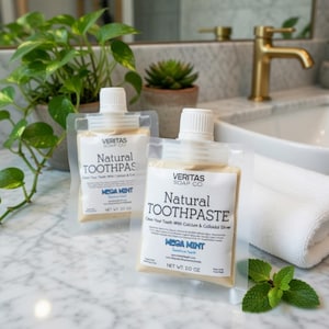 May include: Two pouches of Veritas Soap Co. Natural Toothpaste, Mega Mint flavor, each containing 2.0 oz. The toothpaste is in a clear, flexible container with a white cap. The labels include the brand name and product details.