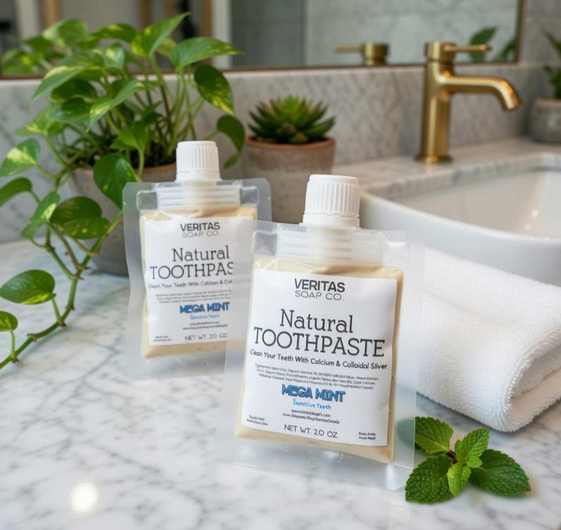 May include: Two pouches of Veritas Soap Co. Natural Toothpaste, Mega Mint flavor, each containing 2.0 oz. The toothpaste is in a clear, flexible container with a white cap. The labels include the brand name and product details.