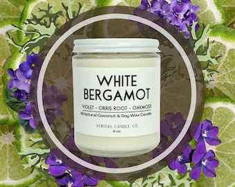 WHITE BERGAMOT All Natural Coconut + Soy Wax Candle | Wild Violets | Orris Root | Oakmoss | Fresh Powder | Lemons | Calamondin | Clean Scent