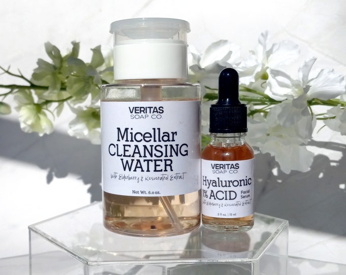 1% HA Facial Serum + Micellar Water DUO w/ Elderberry & Resveratrol Extract, Vegan, Sensitive Skin, Acne, Clear Skin, Deep Clean, Fresh Face