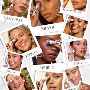 May include: A collection of polaroid-style images displaying women with diverse makeup looks. Each image highlights a different product from "The Christina" range, including shades like "Sheer Strawberry Red" and "Honey Bronze". The photos are labelled with city names.