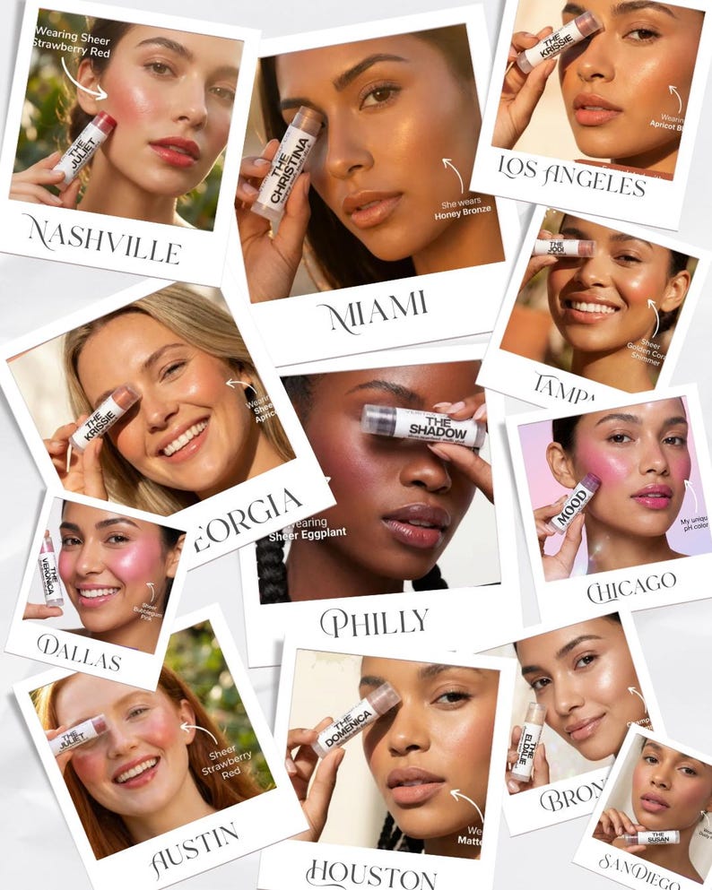 May include: A collection of polaroid-style images displaying women with diverse makeup looks. Each image highlights a different product from "The Christina" range, including shades like "Sheer Strawberry Red" and "Honey Bronze". The photos are labelled with city names.