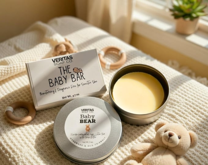 Baby Skincare Gift Set | Fragrance Free Baby Soap & Lotion Bar | Unscented Baby Shower Gift | Natural Baby Soap Bar + Baby Bear Lotion Bar