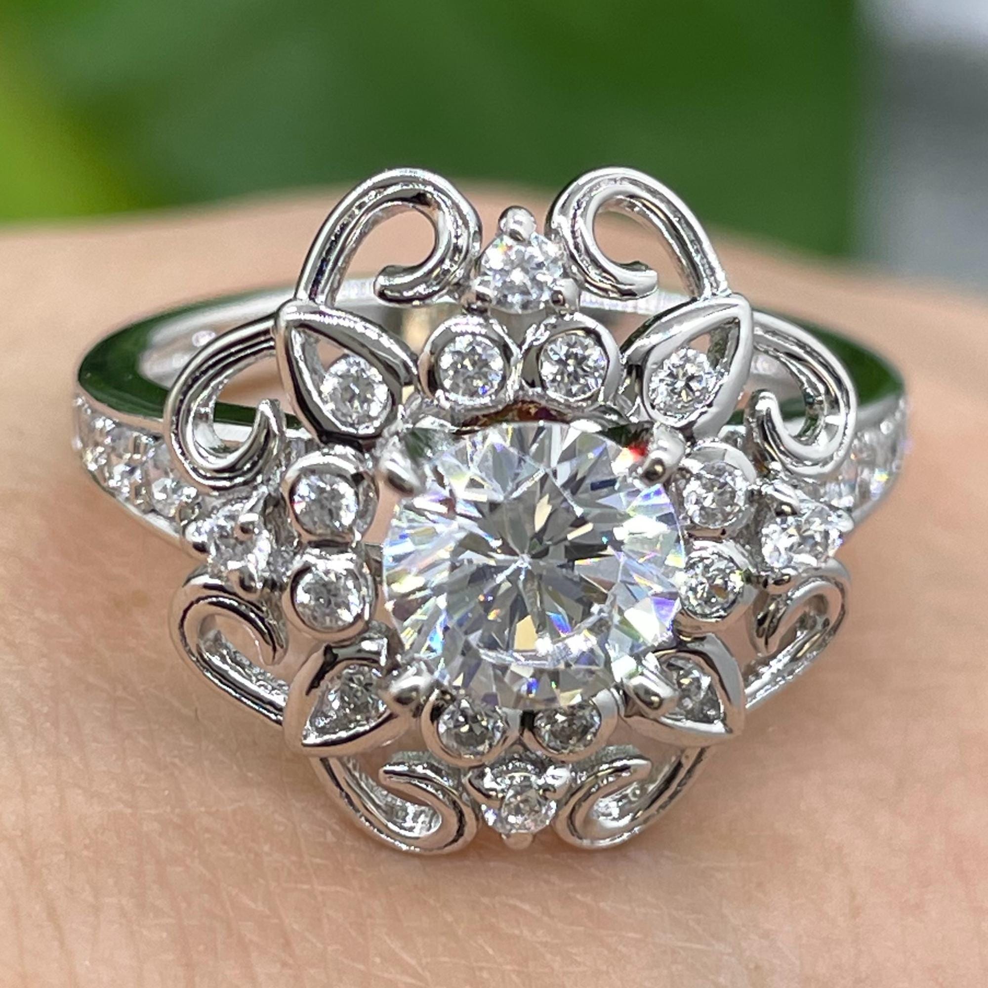 Antique Diamond Ring Solid Gold Ring Flower Engagement Ring White Gold Engagement Ring Woman Antique Wedding Ring Promise Anniversary ring