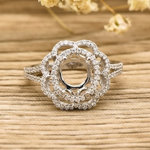 14K Gold 9X7mm Oval Floral Engagement Ring, Semi Mount,  Diamond Ring, Semi Mount,  Promise Ring, Anniversary Gift, Christmas Gift, Handmade