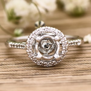 Solid White Gold  Diamond Round Halo Semi Mount Halo Ring Wedding Ring Personalized Jewelry Christmas Gift Mini Band Ring bride Jewelry