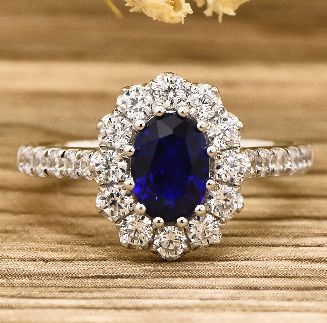 Blue Sapphire Halo Ring Oval Lab Blue Sapphire Engagement Ring Vintage ...