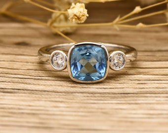 Bezel Set 3 Stone Ring 14K Gold 7x7mm Cushion Cut Blue Topaz Engagement Ring, Wedding Ring, Anniversary Gift, Promise Ring, Handmde Jewelry