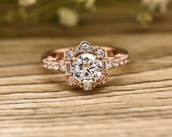 14K Rose Gold 6.5mm Round Moissanite Engagement Ring Halo Ring Bridesmaid Gift Wedding Gift Gifts For Her Anniversary Gift Handmade Jewelry