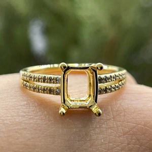 14K Gold Emerald Cut Engagement Ring, Nice Semi Mount Ring  Diamond Halo Ring, Dainty Girl Ring, Solid Gold Promise Ring,Cushion ProngsRing