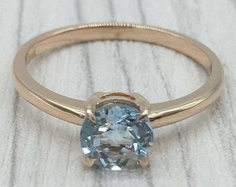 14K Rose Gold 6mm Round Blue Aquamarine Solitaire Engagement Ring Wedding Ring Promise Ring Anniversary Ring Birthday Gift Plain Gold Ring