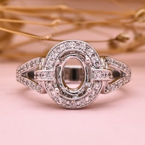 14KGold  Diamond Semi Mount Ring Setting 8x6mm Oval Without Stone Engagement Halo Ring Split Shank Ring Setting