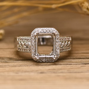 14KGold  Diamond Semi Mount Ring Setting 8x6mm Emerald Cut Without Stone Engagement Halo Ring For Womenn Anniversary Ring Special Ring