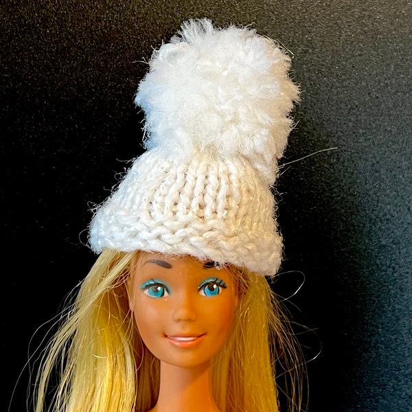 White knit handmade stocking cap for Barbie dolls