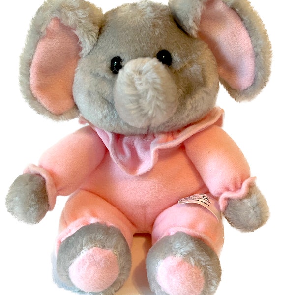 Vintage 1980's Russ Berrie Kiddy Kuddlers plush pink gray elephant rattle 9"