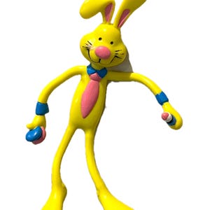 Vintage 1980&#39;s Amscan yellow easter bunny rabbit bendy toy 6&quot;