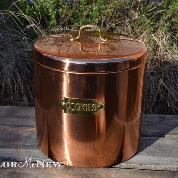 Vintage Copper Cookie Canister - Brass Handle - Decoware