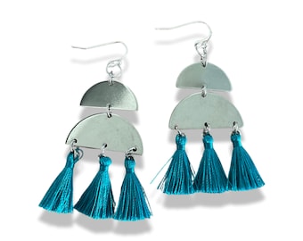 Silver & Teal Tassel Earrings (Light-Weight, Nickel Free)