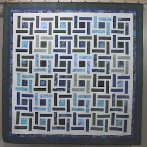 Homemade Quilt, Queen in Pattern called Pirouette, blue, green, white colors