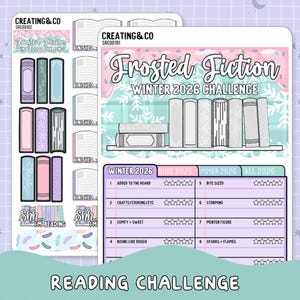 May include: A set of planner stickers with a winter theme. The stickers include book illustrations in various colors, a reading challenge checklist, and the text "Frosted Fiction Winter 2026 Challenge". The color palette includes pastel pink, blue, and purple.