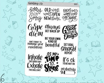 Op de afbeelding: Een vel met zwarte en witte journal stickers met motiverende citaten en zinnen. De stickers zijn op een witte achtergrond met een blauw-wit sterrenpatroon. De stickers zijn 12,1 cm bij 17,1 cm en zijn 3,8 cm breed of minder. Alle afmetingen zijn bij benadering.