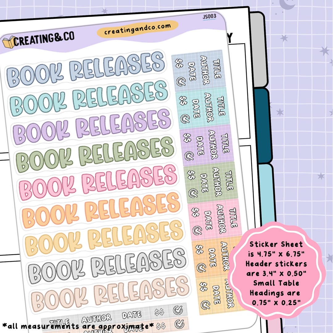Tittle Header Sticker Book Releases Header Stickers + Table Headings Planner Sticker Sheet ...