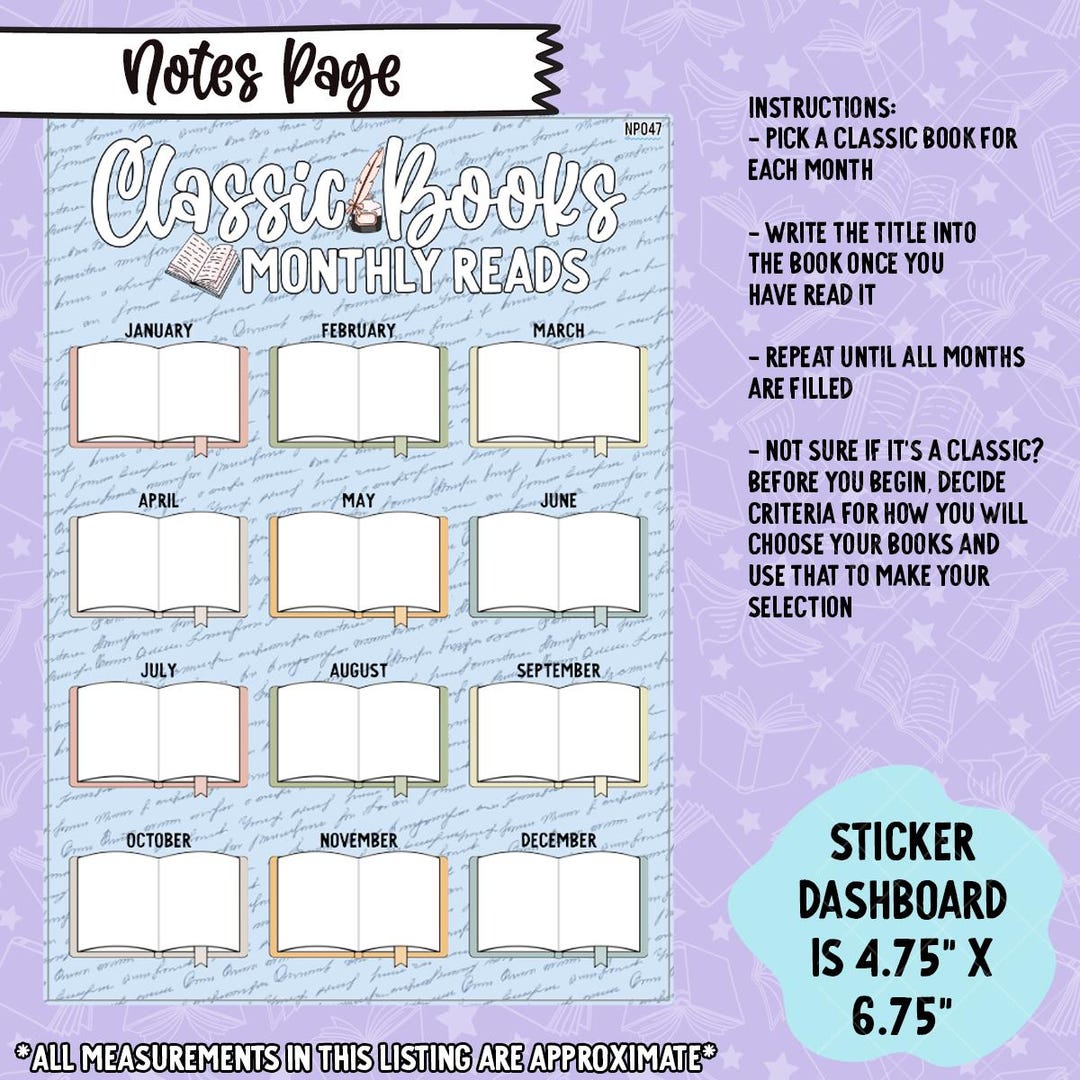 Monthly Classic Books Notes Page Sticker Dashboard - NP047 - Etsy