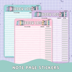 May include: Three rectangular book log stickers in light blue, purple, and pink. Each sticker features a row of illustrated books at the top, the text BOOK LOG, and columns for title, author, finished date, and a star rating system for books.