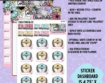 May include: A set of 6 colorful stickers featuring a book with a plane and a laurel wreath. The stickers are designed for a reading challenge and include the text "Collect the Countries Reading Challenge".