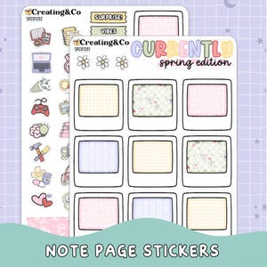 Może przedstawiać: Dwa arkusze naklejek z naklejkami do planowania. Jeden arkusz zawiera różne ikony, takie jak laptop, kontroler do gier i książki. Drugi arkusz ma ramki w stylu polaroid z wzorzystymi tłami i tekstem "CURRENTLY spring edition". Na dole obrazu widnieje napis "NOTE PAGE STICKERS".